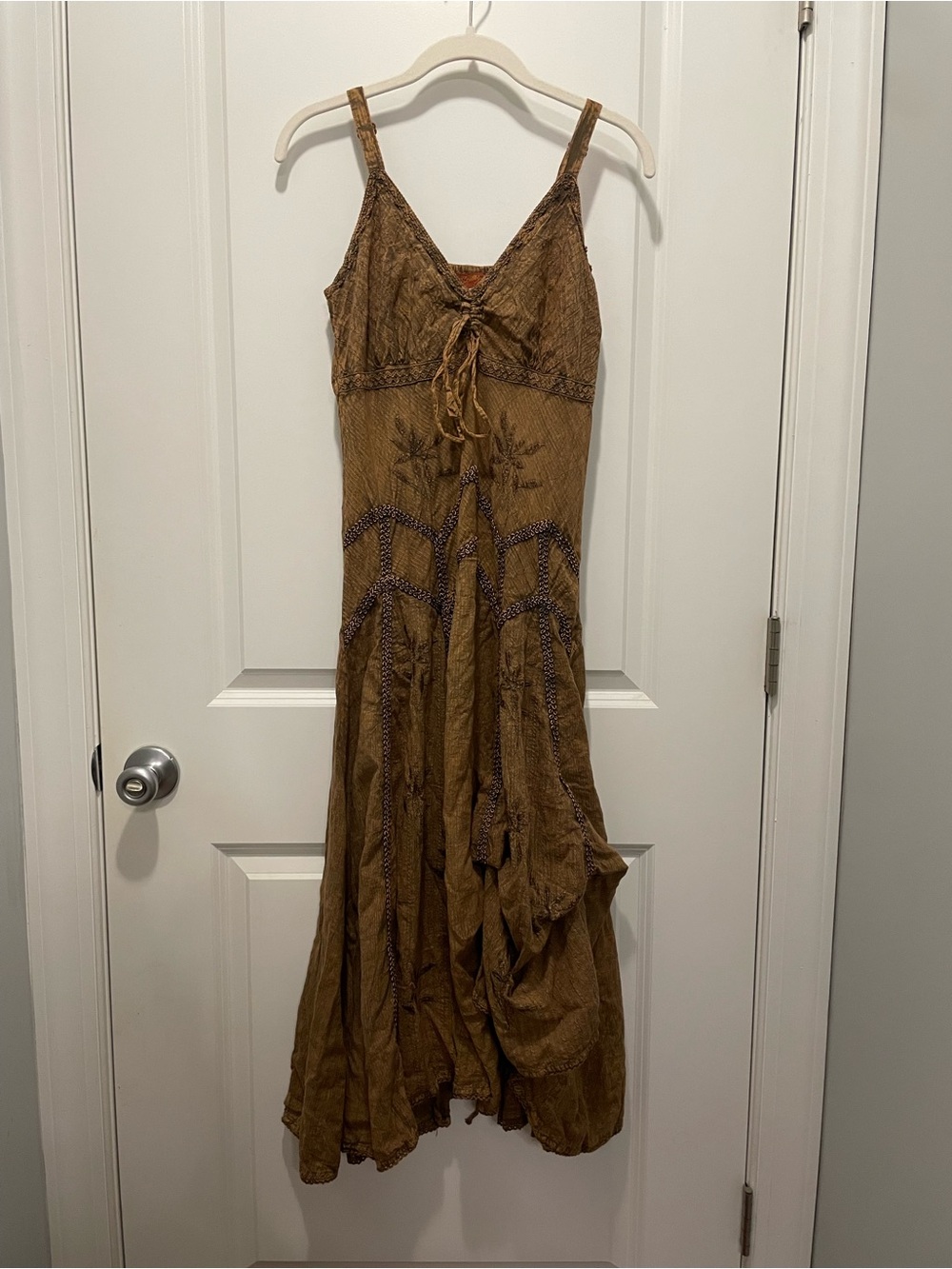 Soully Brown Boho Embroidered Handkerchief Maxi Dress 100% Cotton S